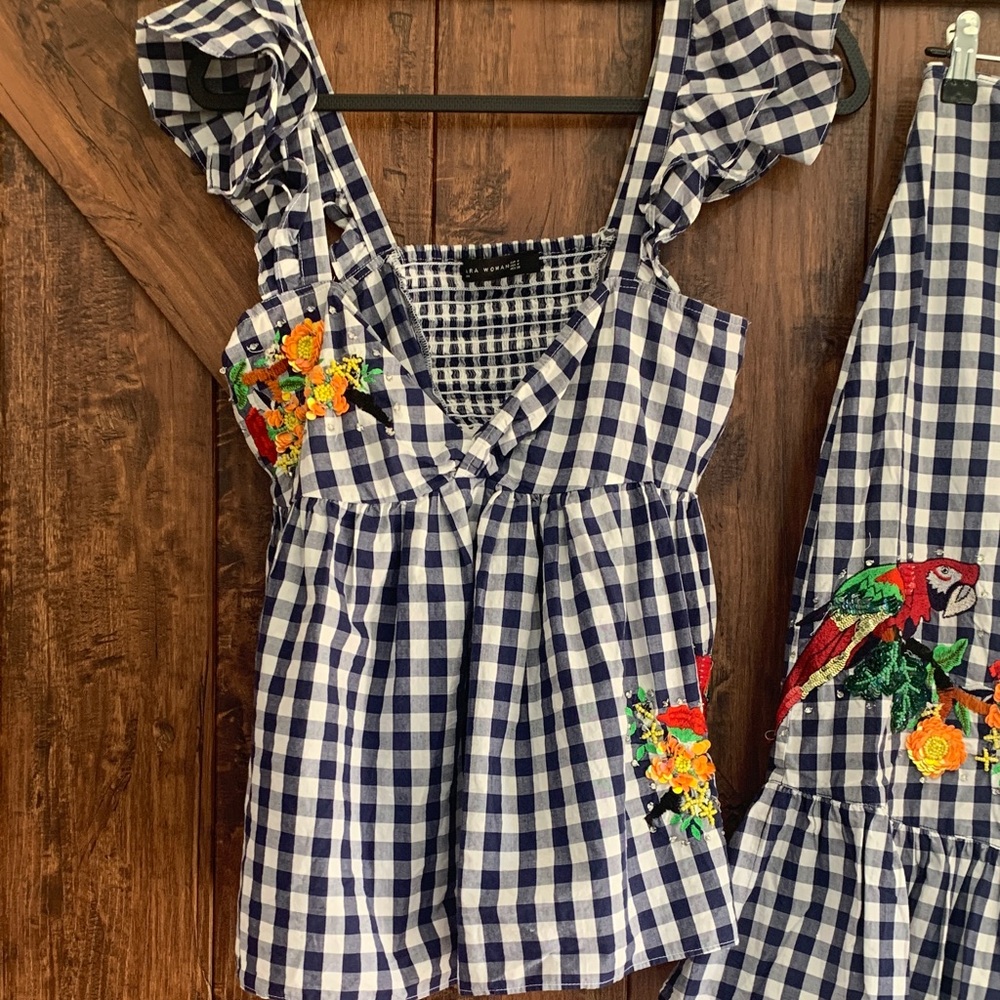 Zara Blue and White Gingham Skirt Set with Floral Embroidery - Picture 3 of 8